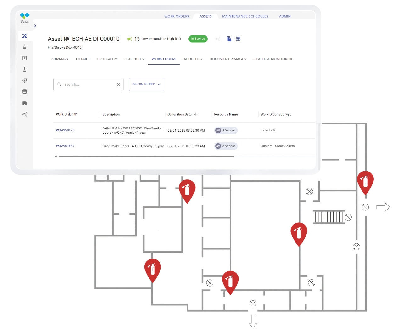 Asset management interface with floor plan markers.