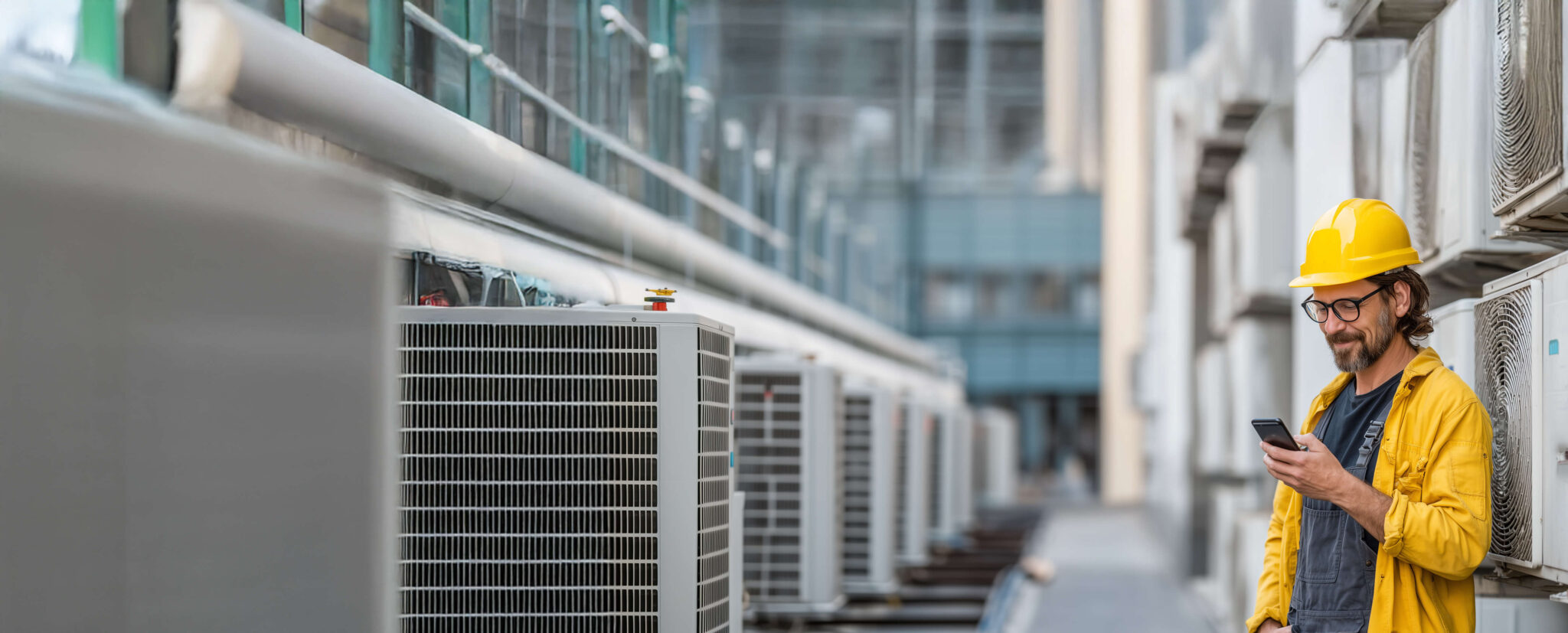 Technician checks phone by industrial air conditioning units.