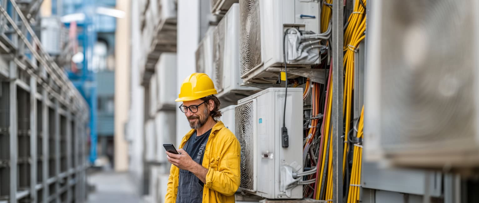 Technician examining HVAC unit on smartphone outdoors.