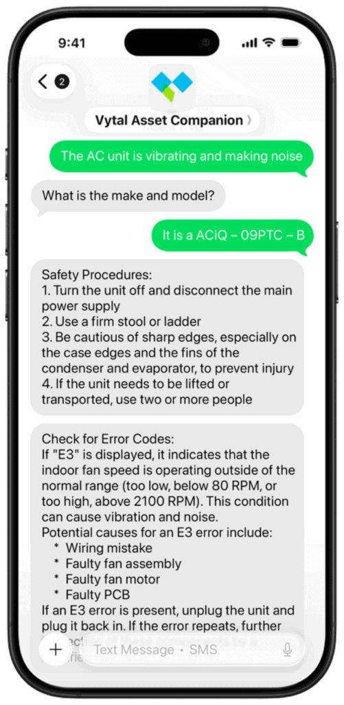Chat screenshot about AC unit issues and solutions.